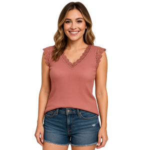 Women’s ribbed cap sleeve dusty rose fitted blouse with floral crochet trim